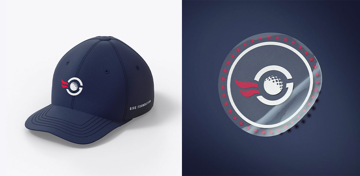 A baseball hat showcasing the GIVE Foundation Logo