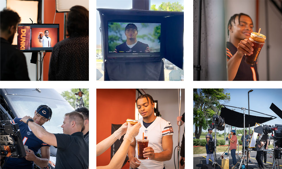 A grid of images from the Dunkin campaign showing Justin Fields